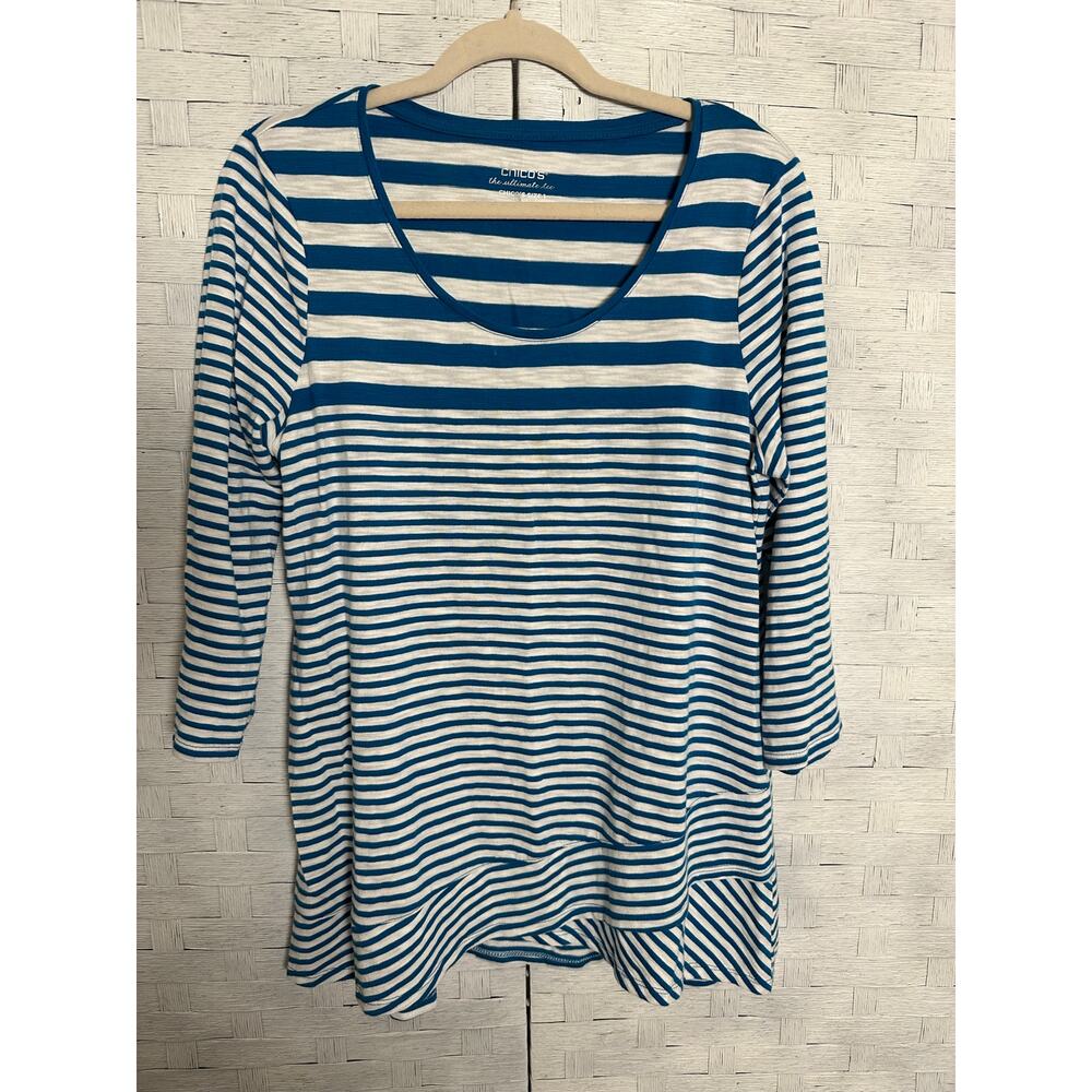 Chicos women's long sleeve T-shirt 3/4 sleeve aqua white‎ asymmetrical normcore